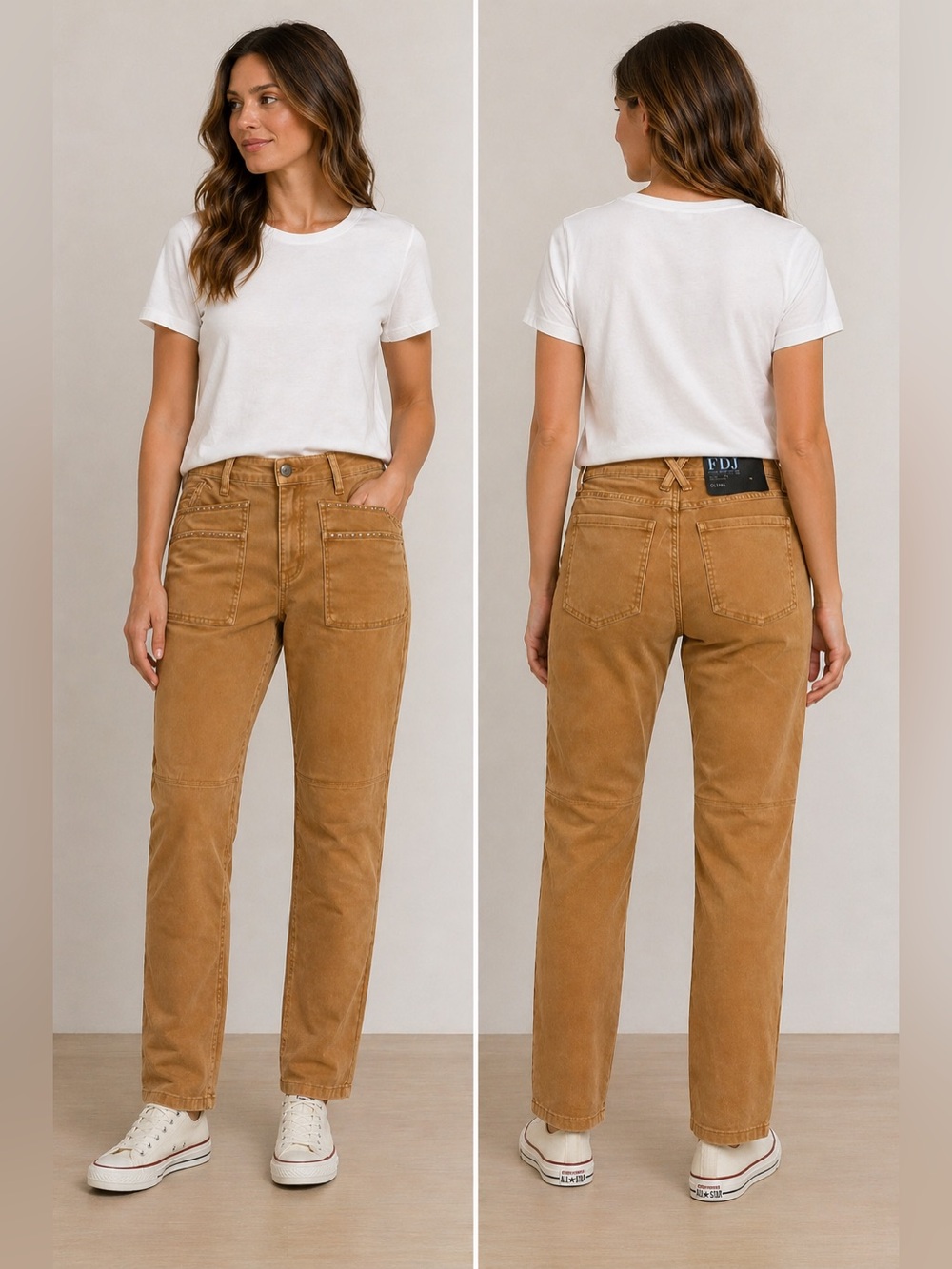 FDJ Olivia Slim Ankle Pants Camel Utility Stud Detail Size 6 NWT - Picture 2 of 11